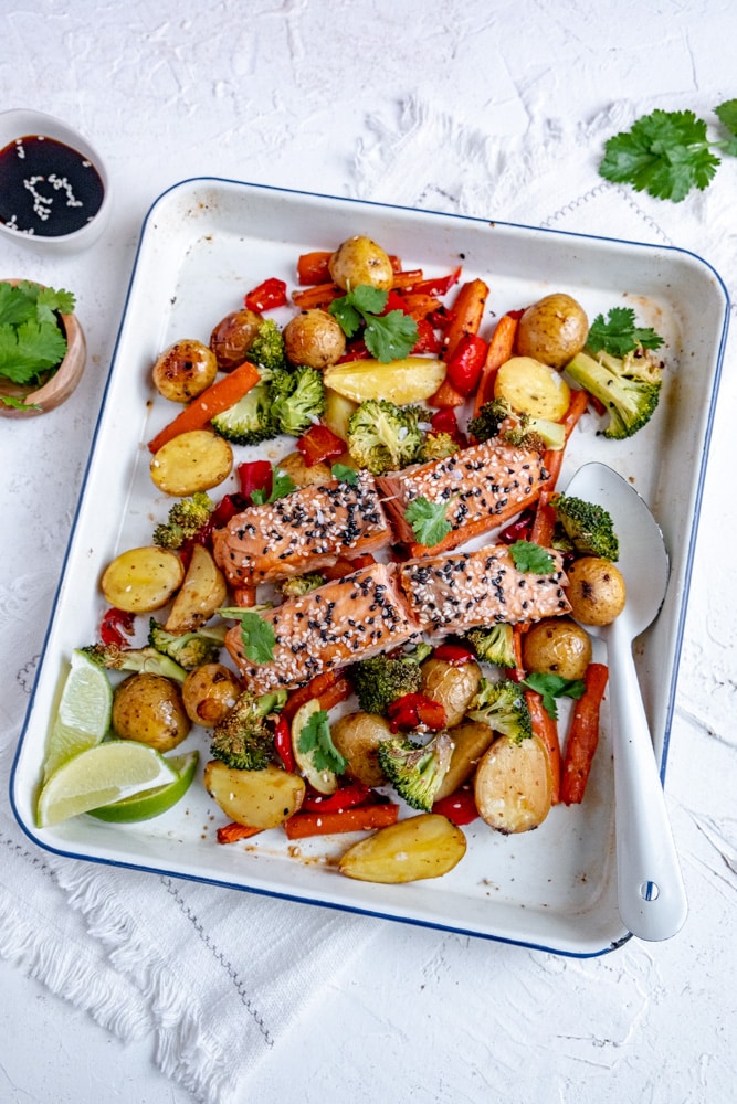 maple soy salmon sheet pan dinner