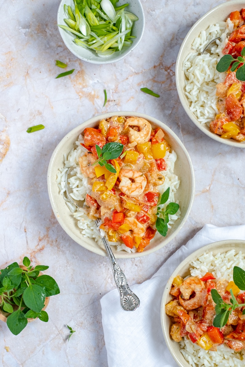 rijst met scampi en paprika