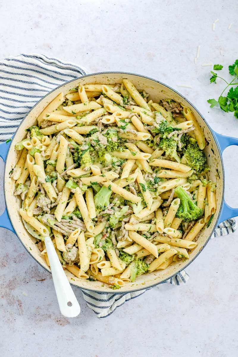 boursin pasta with ground beef and broccoli