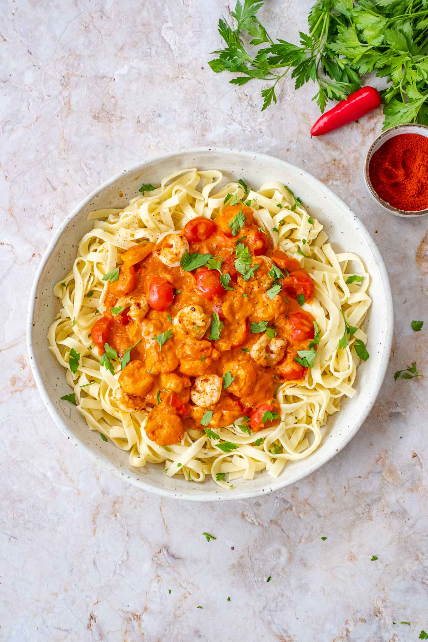 creamy shrimp diavolo pasta overhead view