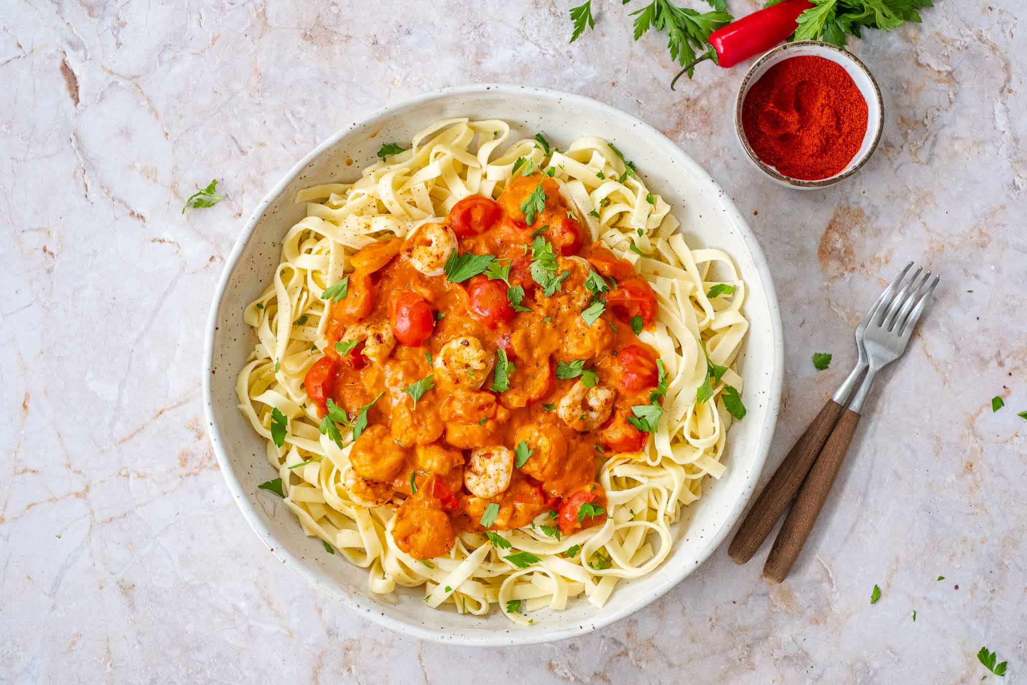 scampi diabolique met tagliatelle